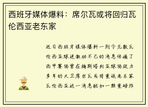 西班牙媒体爆料：席尔瓦或将回归瓦伦西亚老东家