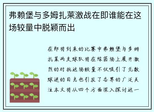 弗赖堡与多姆扎莱激战在即谁能在这场较量中脱颖而出